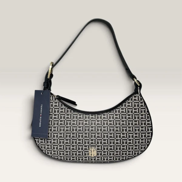 NWT Tommy Hilfiger TH Monogram Small Half-Moon Shoulder Bag Purse Cream Black