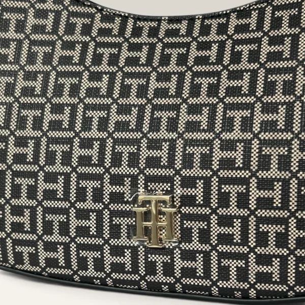 NWT Tommy Hilfiger TH Monogram Small Half-Moon Shoulder Bag Purse Cream Black